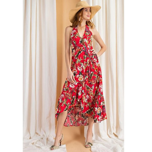 Red Floral Maxi Halter Dress Hi-Lo Open Back Summer Maxi - Ruffle Hem - By Easel - Picture 3 of 9